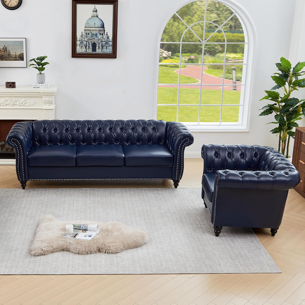 QHITTY 2 Piece Living Room Set, Chesterfield Sectional Sofa Chair Contemporary Upholstered Leather Loveseat Couch Sets for Living Room, Bedroom, Office (Blue)