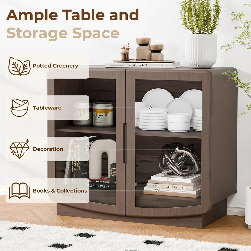 35" Sideboard Buffet Cabinet with Storage, Walnut Glass 2-Door Cabinet w...