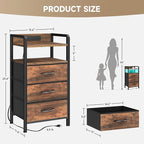 Night Stand Bedside Table Bedroom - Nightstand with Charging Station & LED Light Strip, Bed Side End Table with Storage Shelf & 3 Fabric Drawers, U-S-B Ports & AC Outlets, Rustic Brown