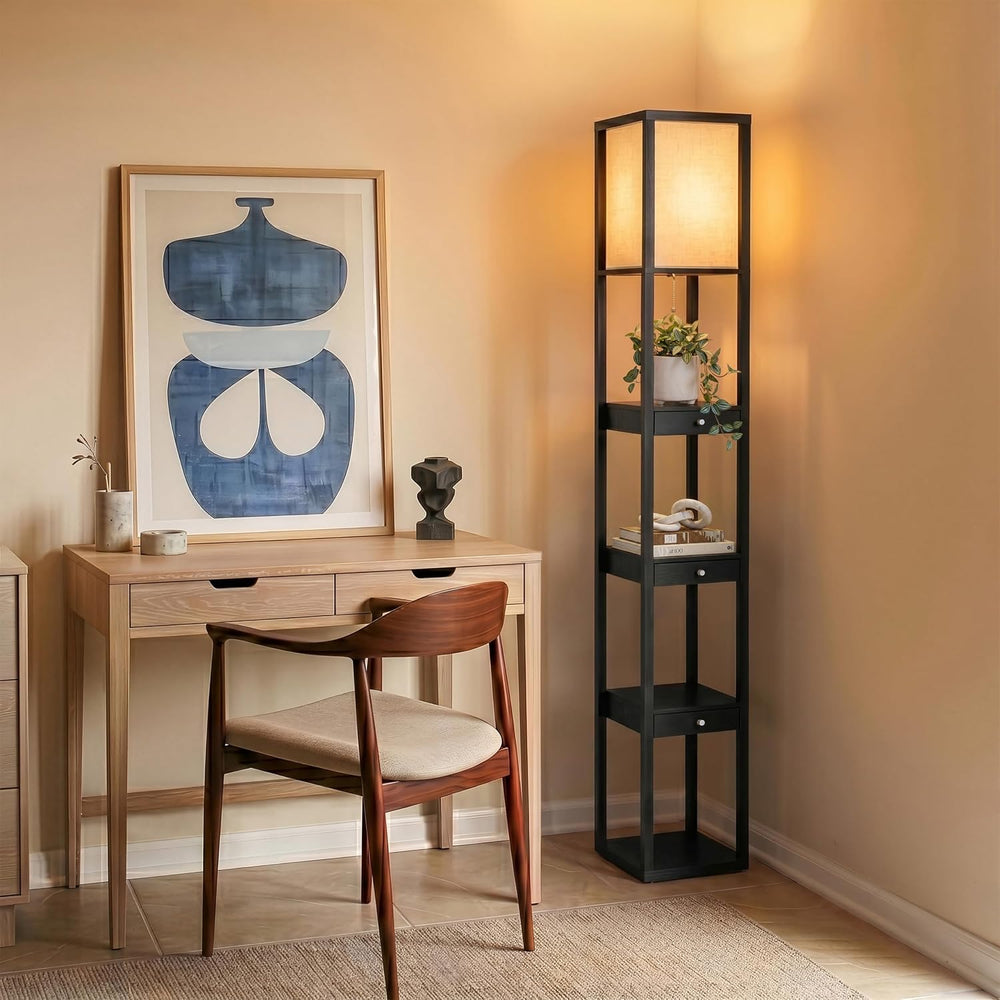 Brightech Maxwell Drawer Edition - Modern Shelf Floor Lamp with Drawer - Corn...