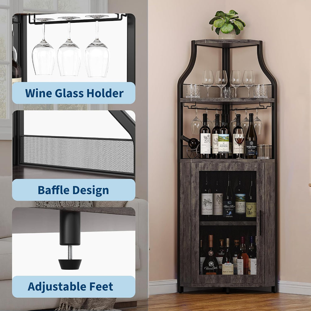 IDEALHOUSE Corner Bar Wine Cabinet with Glass Holder Wine Bar Rack Cabinet with Mesh Door & Glass Holder,Industrial Liquor Cabinet for Home, Kitchen, Dinning Room,Rustic Oak