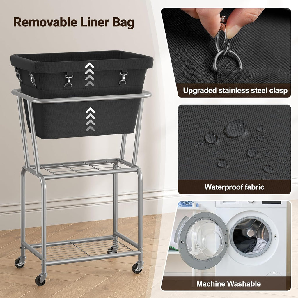 ELYKEN Laundry Cart with Wheels, Rolling Laundry Hamper with Removable Bag and Shelf, Metal Frame Laundry Basket with 4 Casters and 2 Brakes, Ideal for Bedroom, Bathroom, Laundry Room, Black
