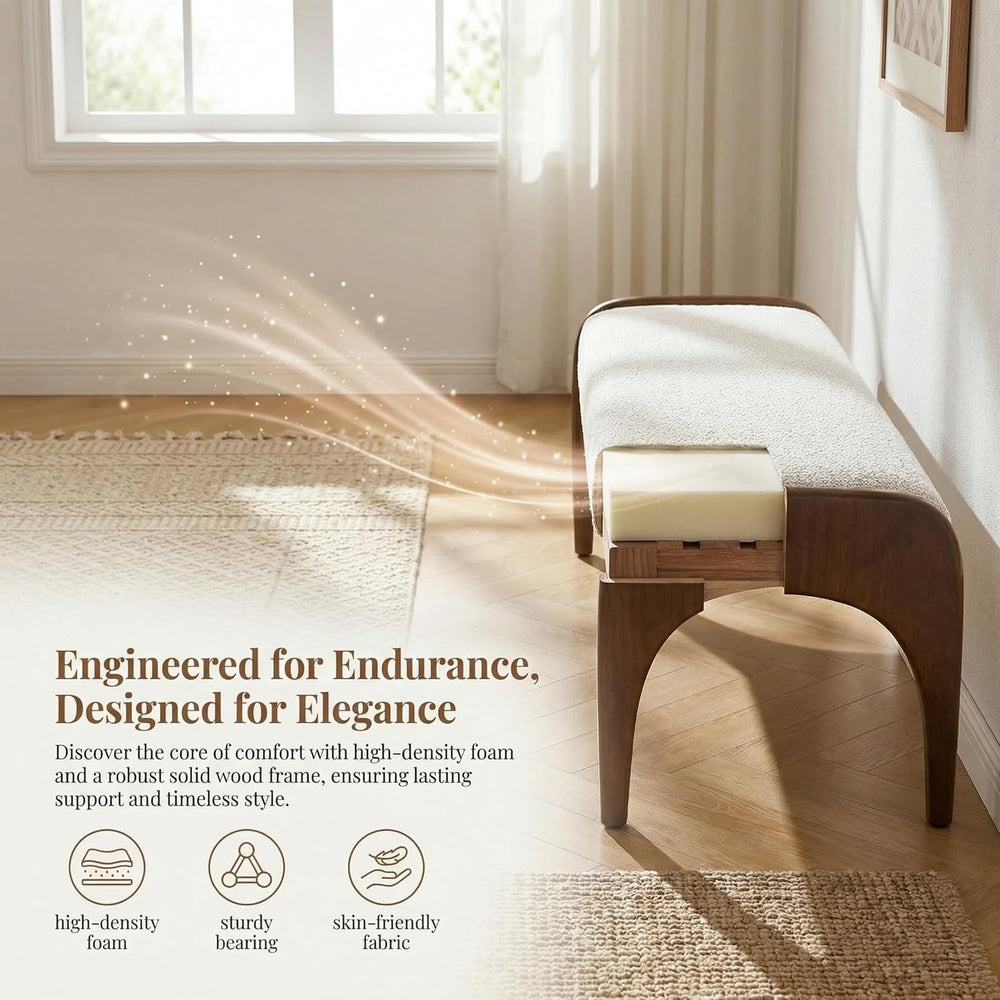 LukeAlon 51-Inch Extra Long Upholstered Bench with Cute Solid Walnut Rubber W...