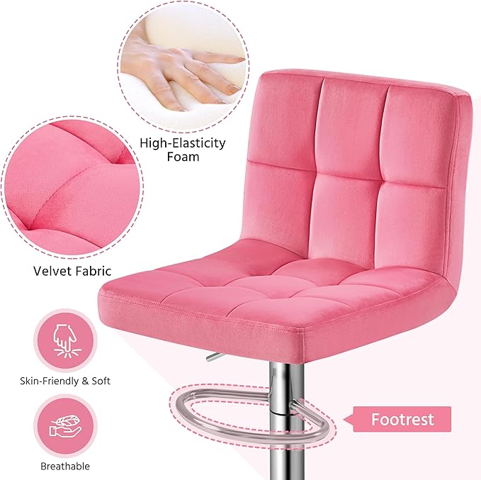 Yaheetech Pink Bar Stools Set of 2, Adjustable Velvet Barstools, Modern Count...