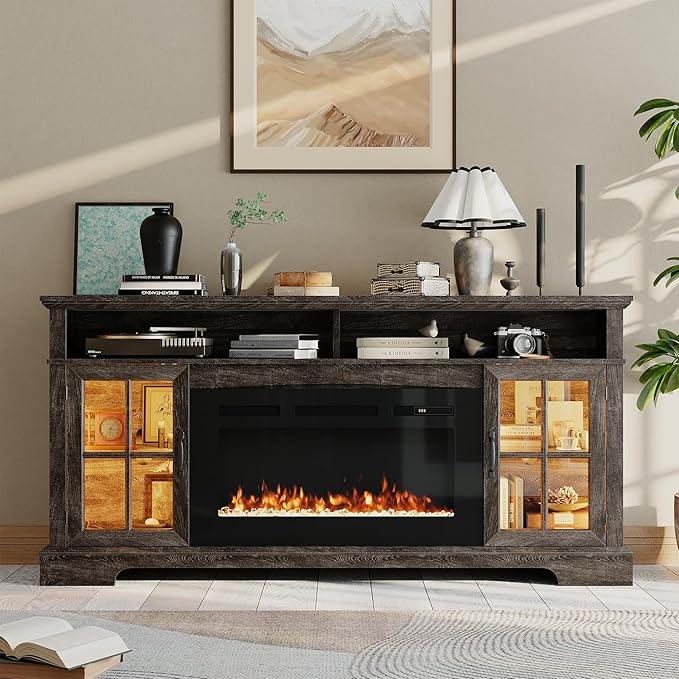 70" Farmhouse TV Stand with 36" Fireplace for TVs up to 80", Media Entertainment Center with Adjustable Shelves and Large Storage Cabinets, for Living Room, Gray & Black