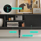 LINSY HOME Fluted TV Stand for 75" TV, Mid-Century Modern Wood Entertainment Center with Sliding Tambour Door and Storage Cabinet, Boho TV Media Console Table for Living Room, Bedroom, Black