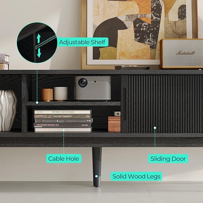 LINSY HOME Fluted TV Stand for 75" TV, Mid-Century Modern Wood Entertainment Center with Sliding Tambour Door and Storage Cabinet, Boho TV Media Console Table for Living Room, Bedroom, Black