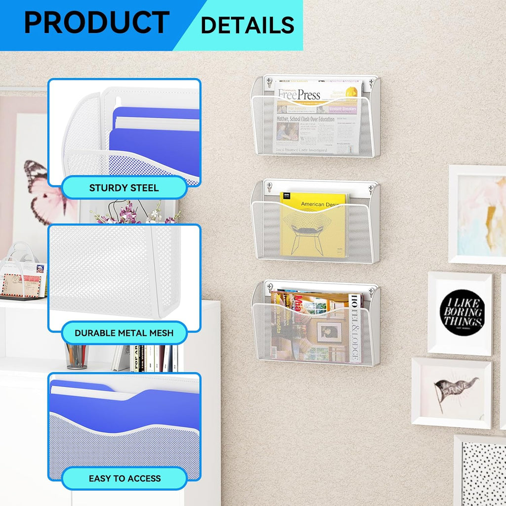 3 Single Pocket Wall File Holder, Mesh Hanging File Folder Paper Organizer, Vertical Wall Mounted Mail Basket, Storage Organization Magazine Rack for Office, Home and School, White