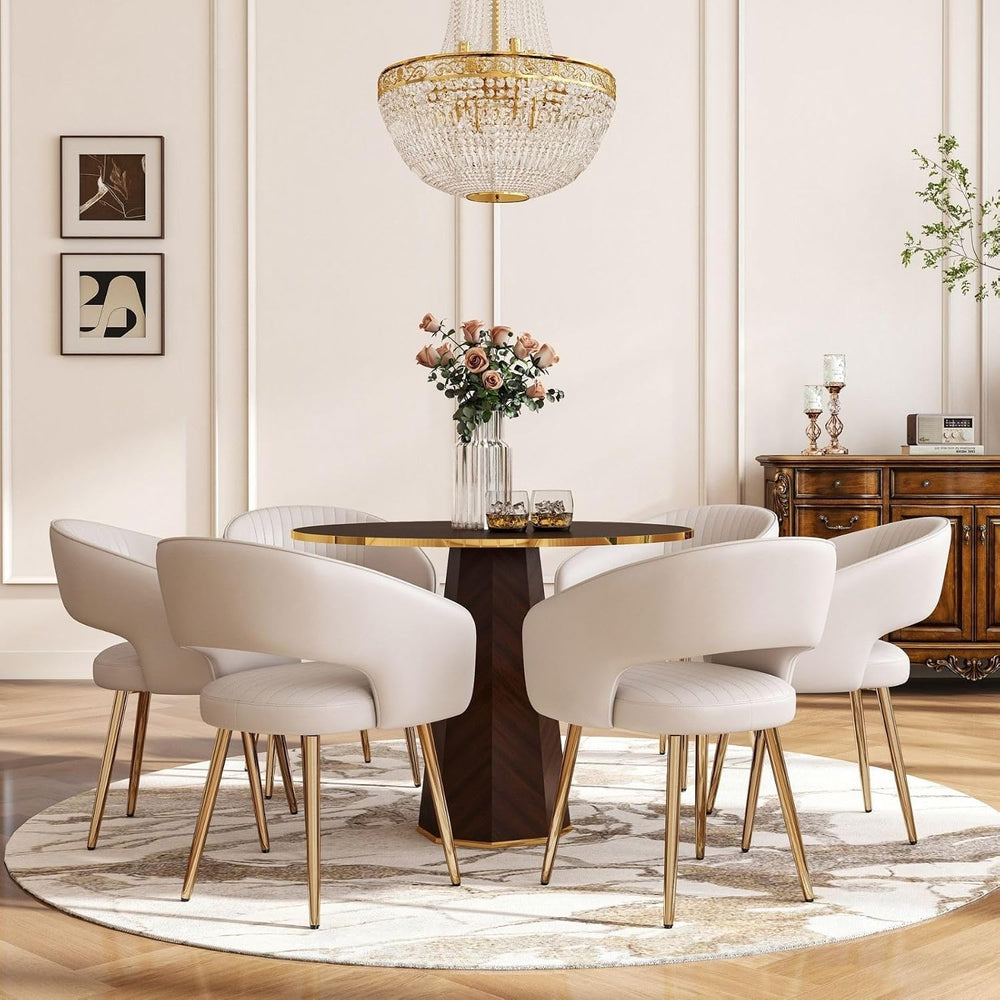 Hyfirm Leather Dining Chairs Set of 6 with Gold Metal Legs, Modern Cream | Br...