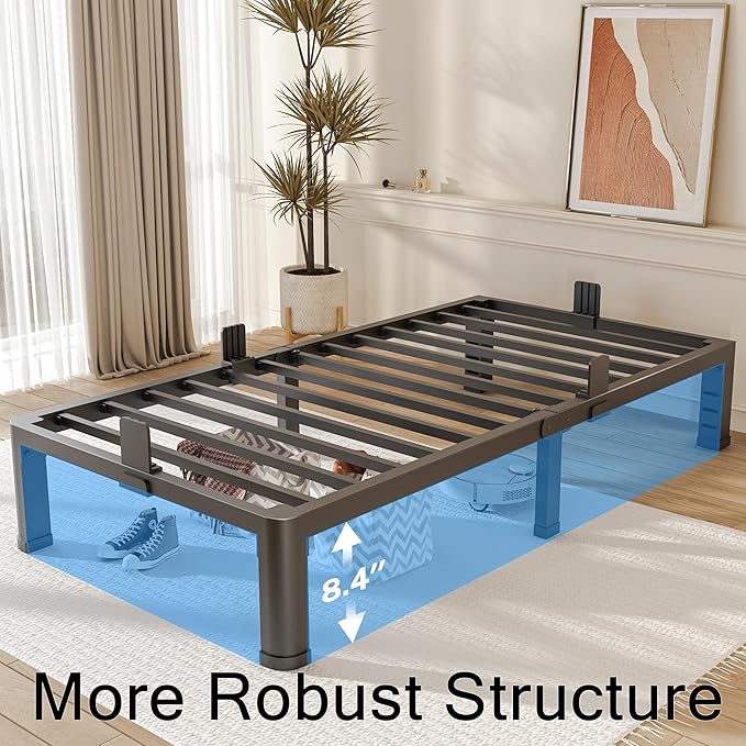 FUIOBYVV 10 Inch Twin Bed Frame with Rounded Corner and Headboard Hole Mattress Retainers 3500 LBS Metal Heavy Duty Steel Slats Support No Box Spring Needed Platform Noise Free Easy Assembly