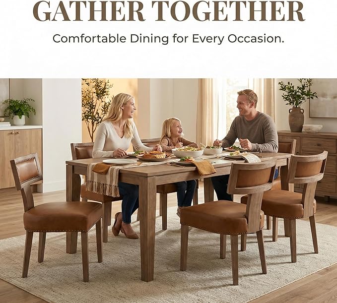 HNY Mid Century Modern Dining Chairs Set of 6, Farmhouse PU Leather Upholstered Accent Chairs Curved Nailhead Trim Backrest Kitchen Chairs, with Hardwood Frame, Brown