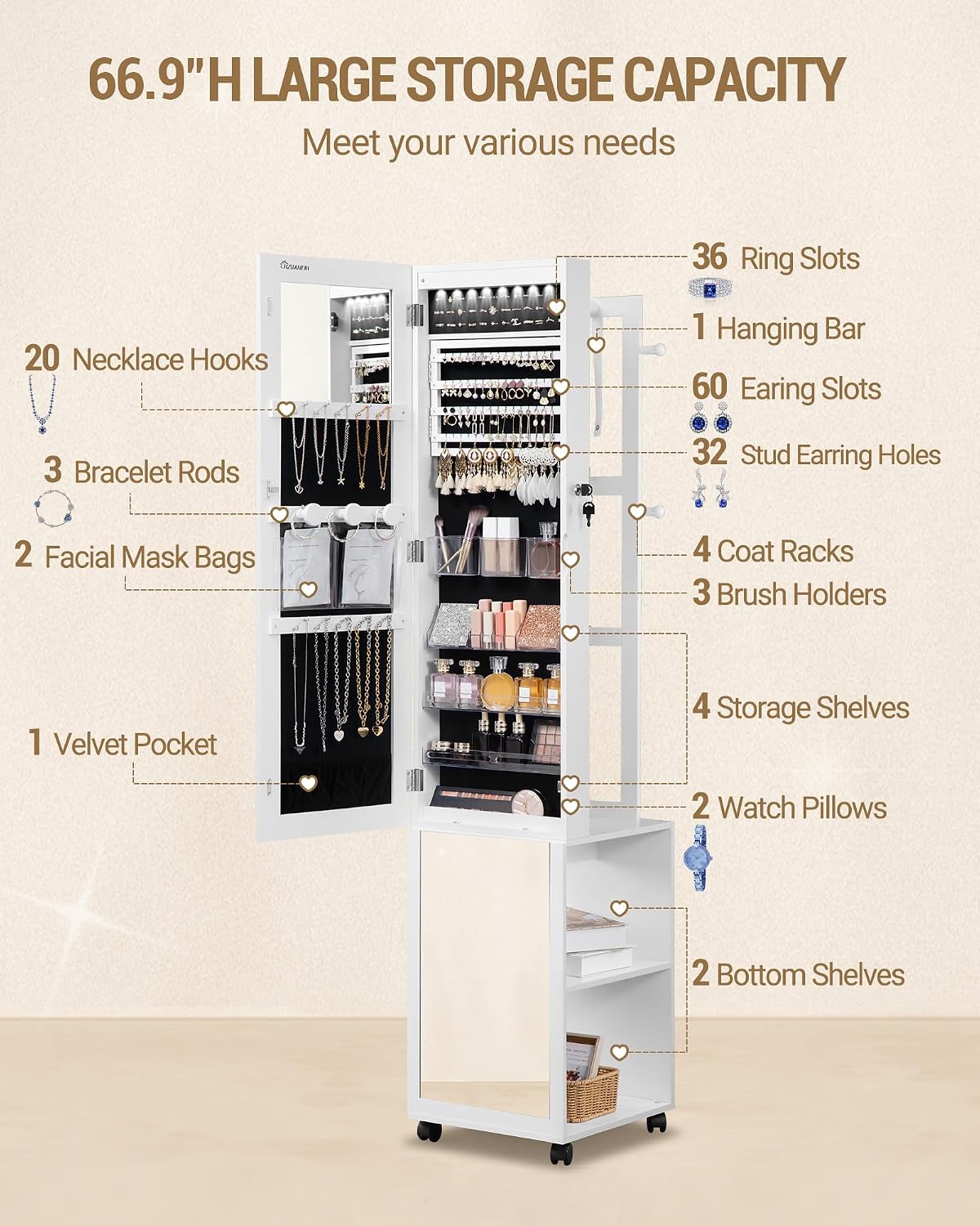 Hzuaneri 8 LEDs Jewelry Cabinet Armoire, 66.9-inch Jewelry Organizer | Lockable Full-length Mirror with Garment Rack & 4 Wheels, Storage Shelves with Hooks, 5-in-1, White and Beige JC17003B
