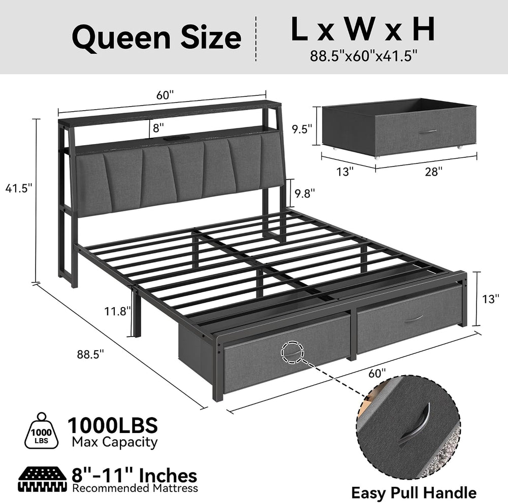 FreeHouse Queen Bed Frame with 2-Tier Storage Headboard and 2 Drawers, Grey