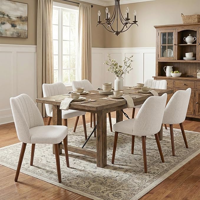 Wooden Dining Chairs Set of 4, Dining Room Chairs with Wood Legs, Upholstered Dining Chairs Modern Fabric Kitchen Chairs with Back for Kitchen/Living Room/Restaurant, Tool-Free Assembly, White