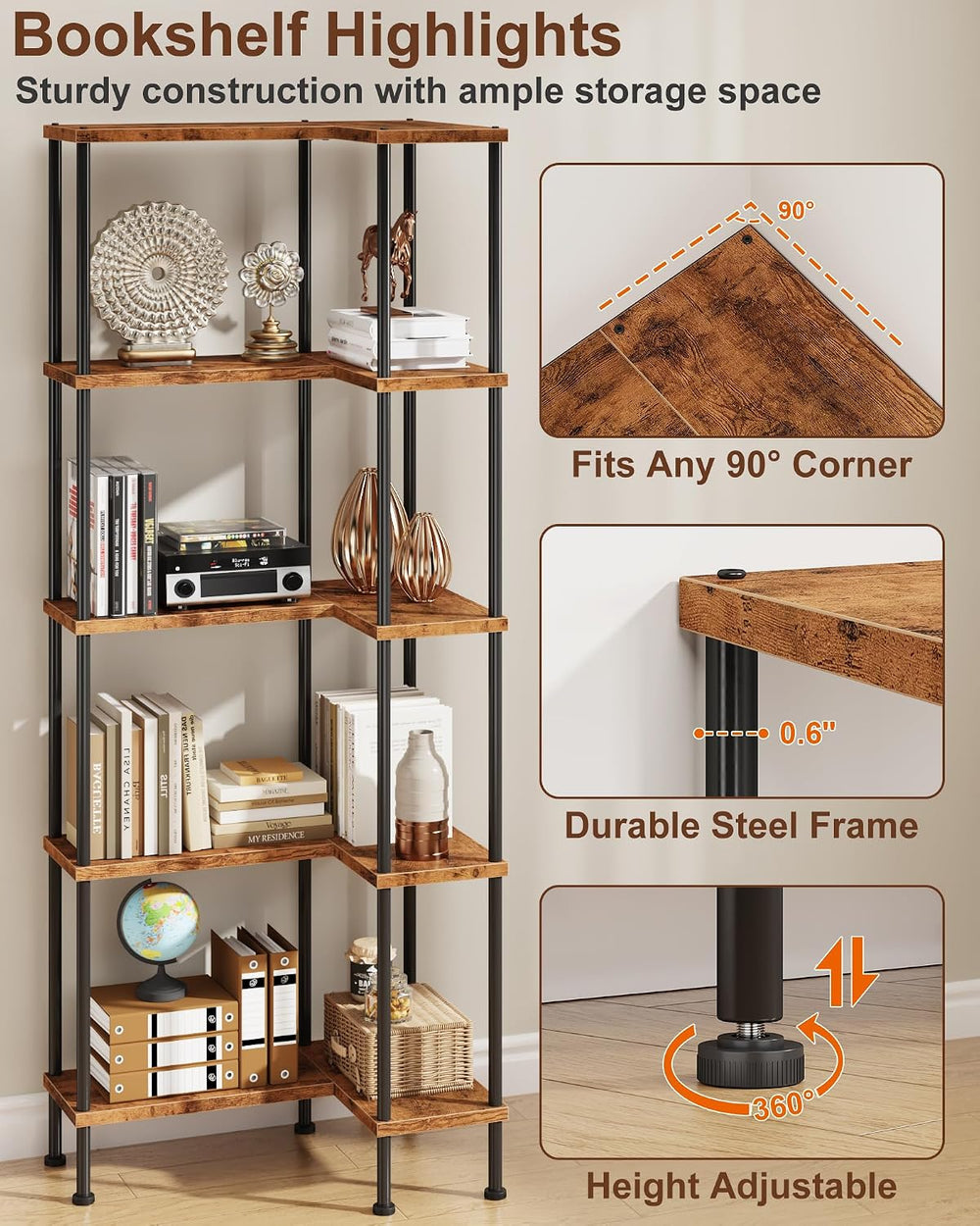 HIGDBFE 5-Tier L-Shaped Corner Bookshelf, 60" Tall Modern Corner Shelf
