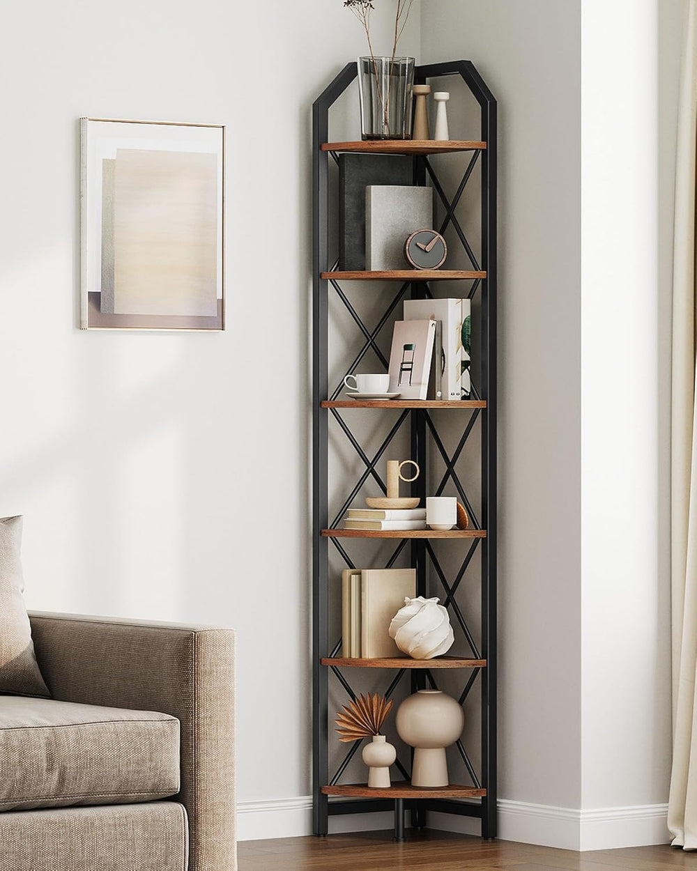 CHOEZON 6-Tier Corner Shelf, Industrial Corner Bookshelf, 71.2" Corner S...