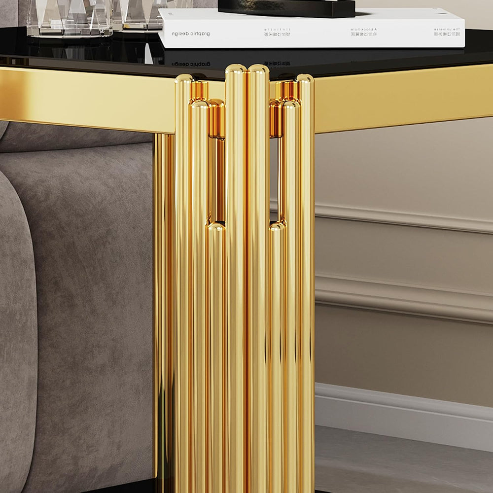 Modern Square End Table Black Glass Sofa Side Table with Gold Stainless Steel...
