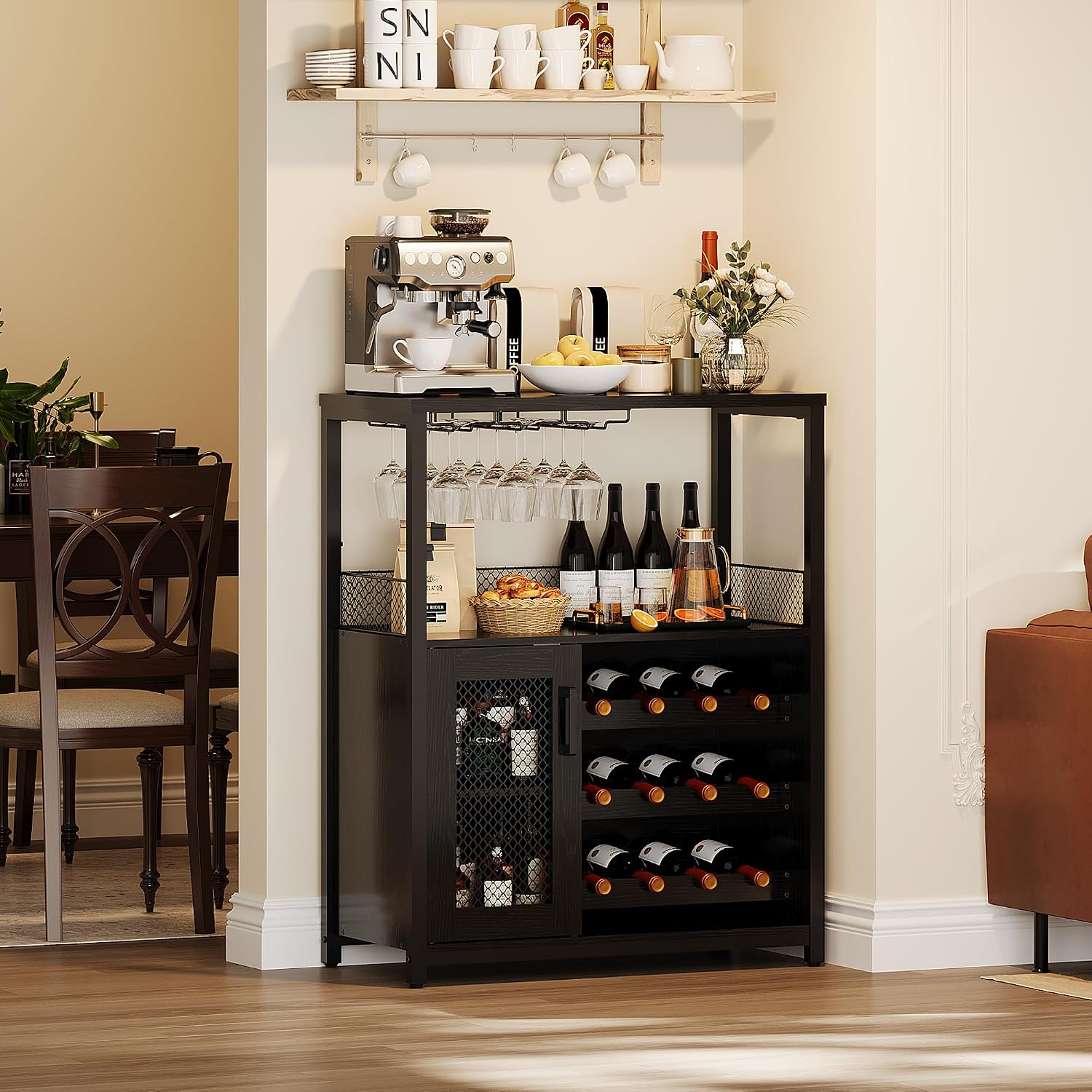 GarveeHome Wine Bar Cabinet with LED Lights, Liquor Cabinet with Storage | 3-Tier Coffee Bar Cabinet with Wine Rack, Glass Holder & Mesh Door, Sideboard Buffet Bar for Living Room, Dining Room, Black