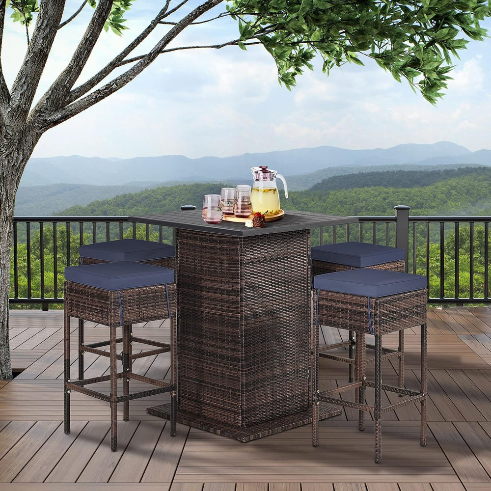 RELAX4LIFE 5-Pcs Outdoor Bar Set, Wicker Bar Height Outdoor Table & Chairs
