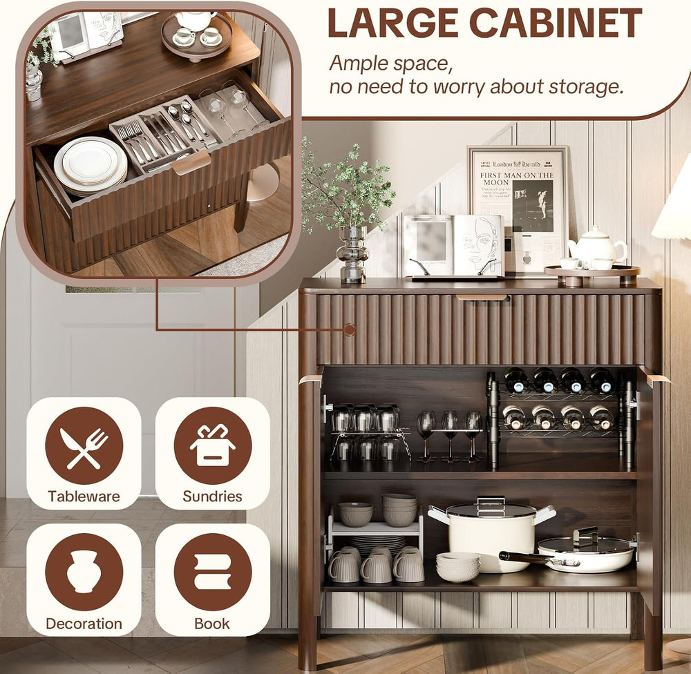 Fluted Buffet Cabinet Accent with Doors & Drawer 31" Walnut | Anti-t...
