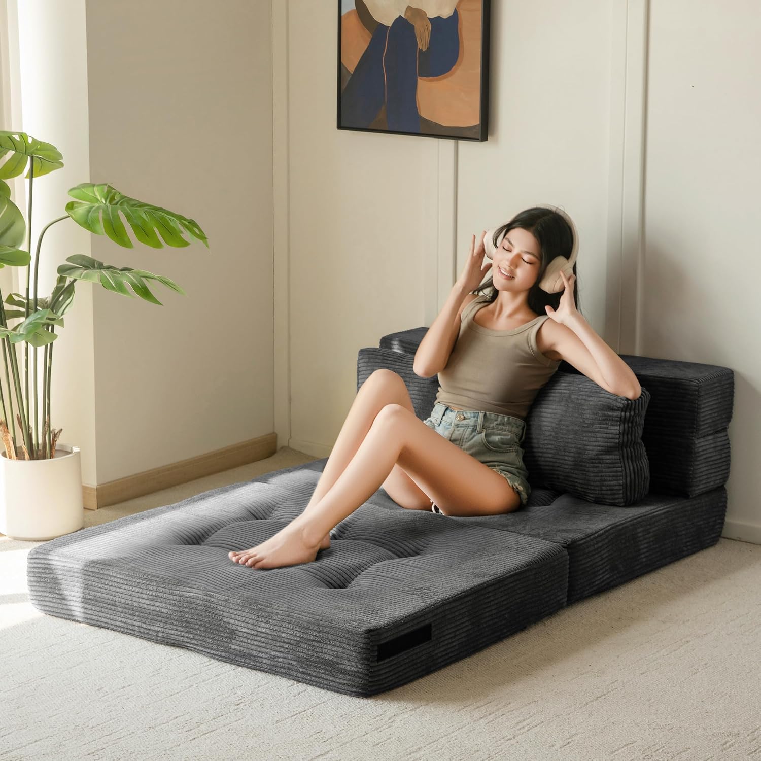 MAXYOYO Convertible Sofa Bed, Fold Out Sofa Couch with Pillow for Adults | Loveseat Sofa 4 in 1 Tufted Folding Couch Bed Foam Floor Couch, Lazy Chair for Living Room Bedroom Guest Room, Dark Grey