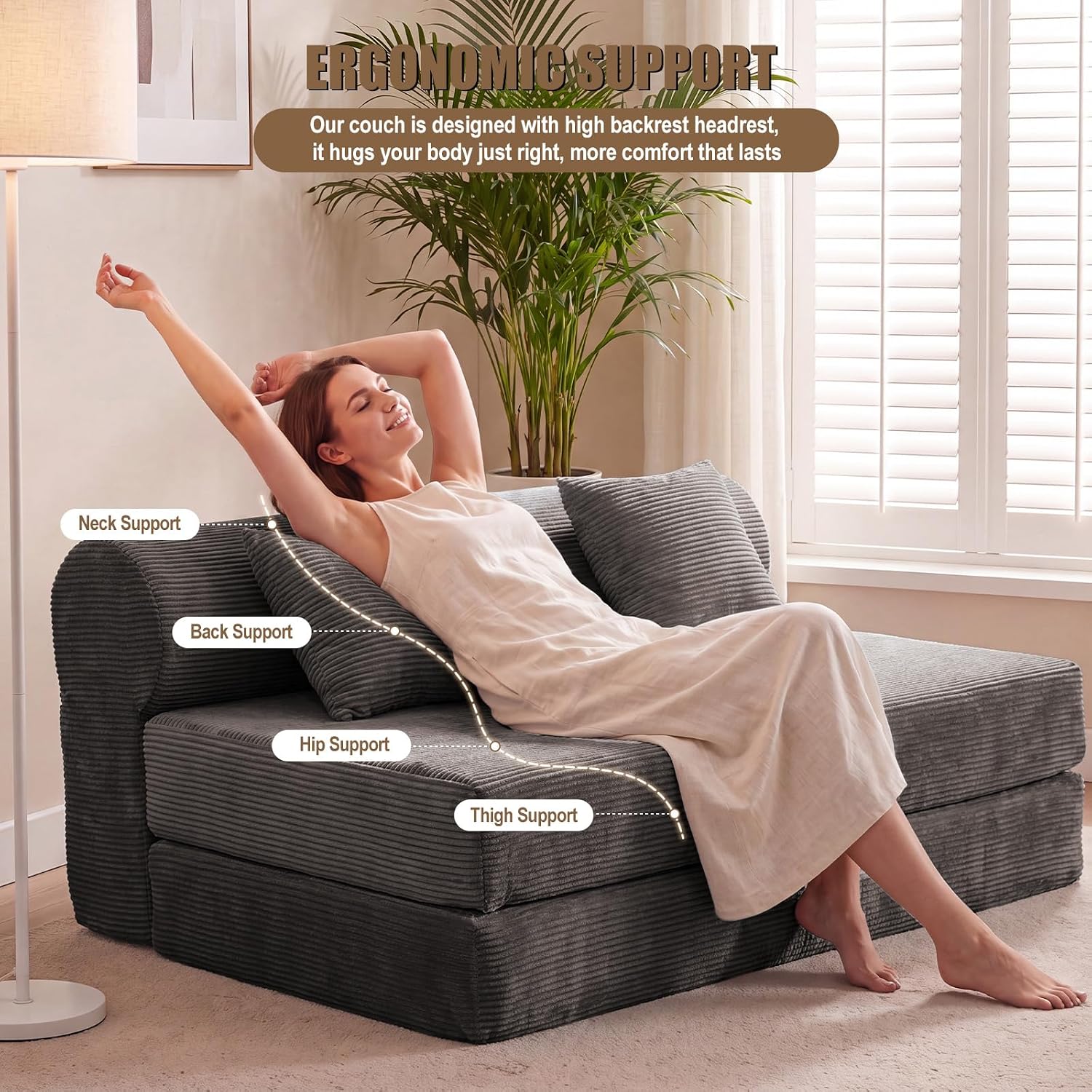 59" Convertible Sofa Bed High Backrest Boneless Couch in a Box,Brown | Washable Corduroy Futon Sofa Bed,Sectional Loveseat Floor Sleeper Sofa for Bedroom,No Assembly Couch for Living Room