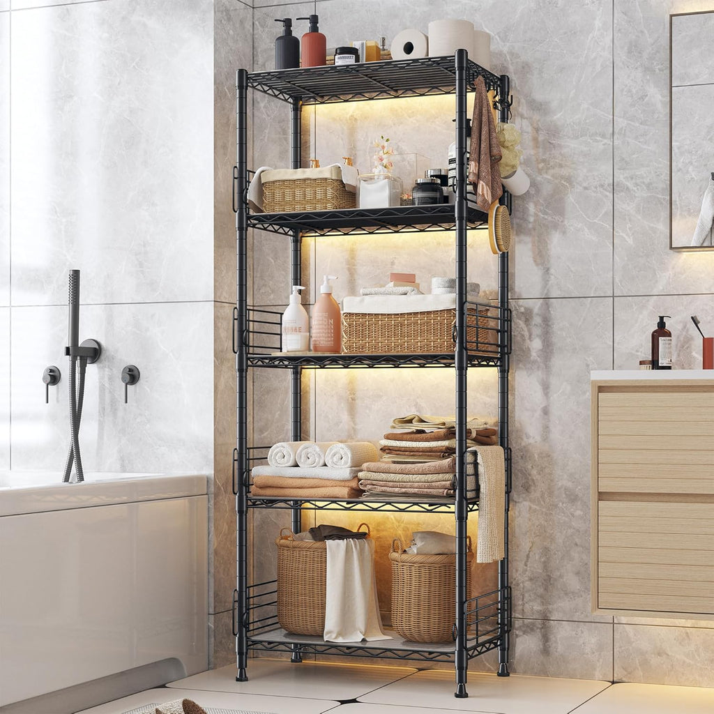 5 Tier Metal Shelving Unit Pantry Storage Shelves with Side Blockers Adjustable Metal Wire Shelf with Hooks & Shelf Linker Standing Storage Rack for Kitchen Pantry Bathroom Closet,13.8"Dx21.7"Wx59.1"H