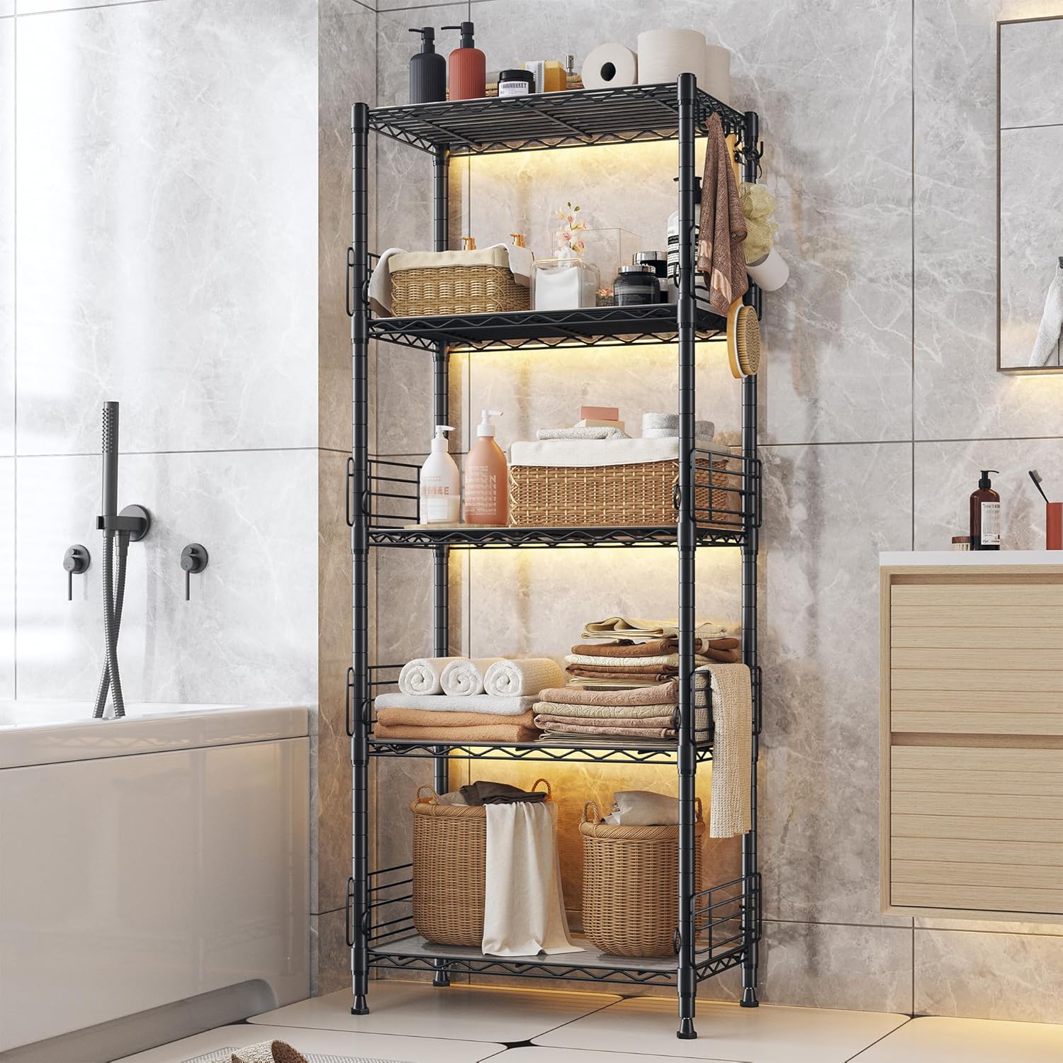 5 Tier Metal Shelving Unit Pantry Storage Shelves with Side Blockers Adjustable Metal Wire Shelf with Hooks & Shelf Linker Standing Storage Rack for Kitchen Pantry Bathroom Closet,13.8"Dx21.7"Wx59.1"H
