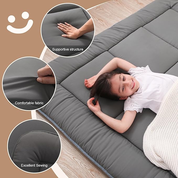 WhatsBedding Japanese Floor Mattress Futon Mattress 3" Grey Tatami Mat Shredded Memory Foam Filled Sleeping Pad, Foldable & Portable Roll Up Lounger Camping Bed for Kids and Adult,Full Size 54"x 80"