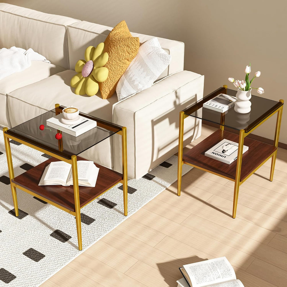 Set of 2 Rectangle End Tables, Gray Tempered Glass Top, Living Room | Sturdy ...