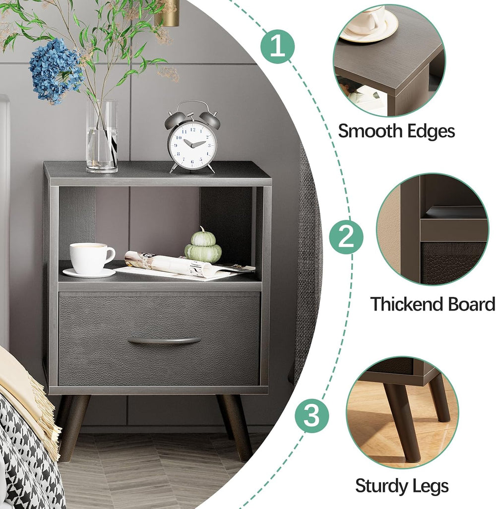 Aenuert Night Stand, Black Nightstand with Drawer, Side Table with Open Stora...
