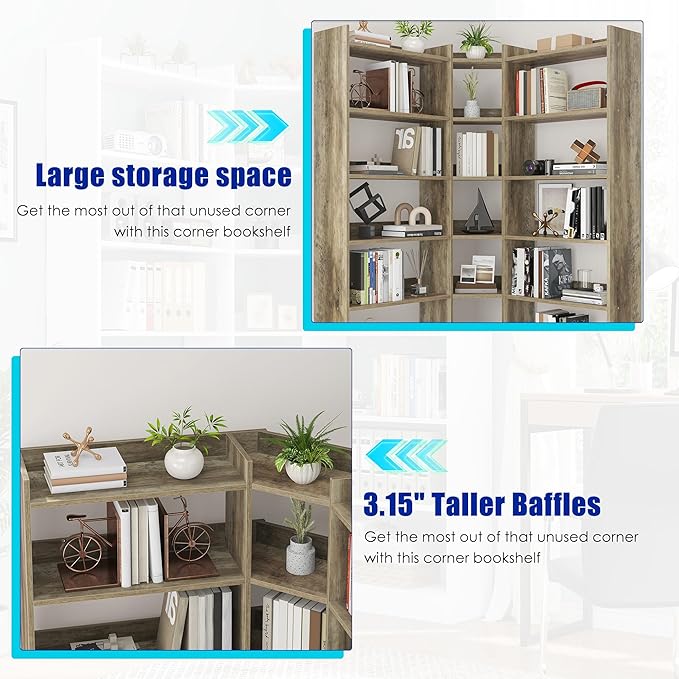 70.8" Tall Corner Bookshelf and Bookcases, 7 Tiers Morden Large Etagere ...