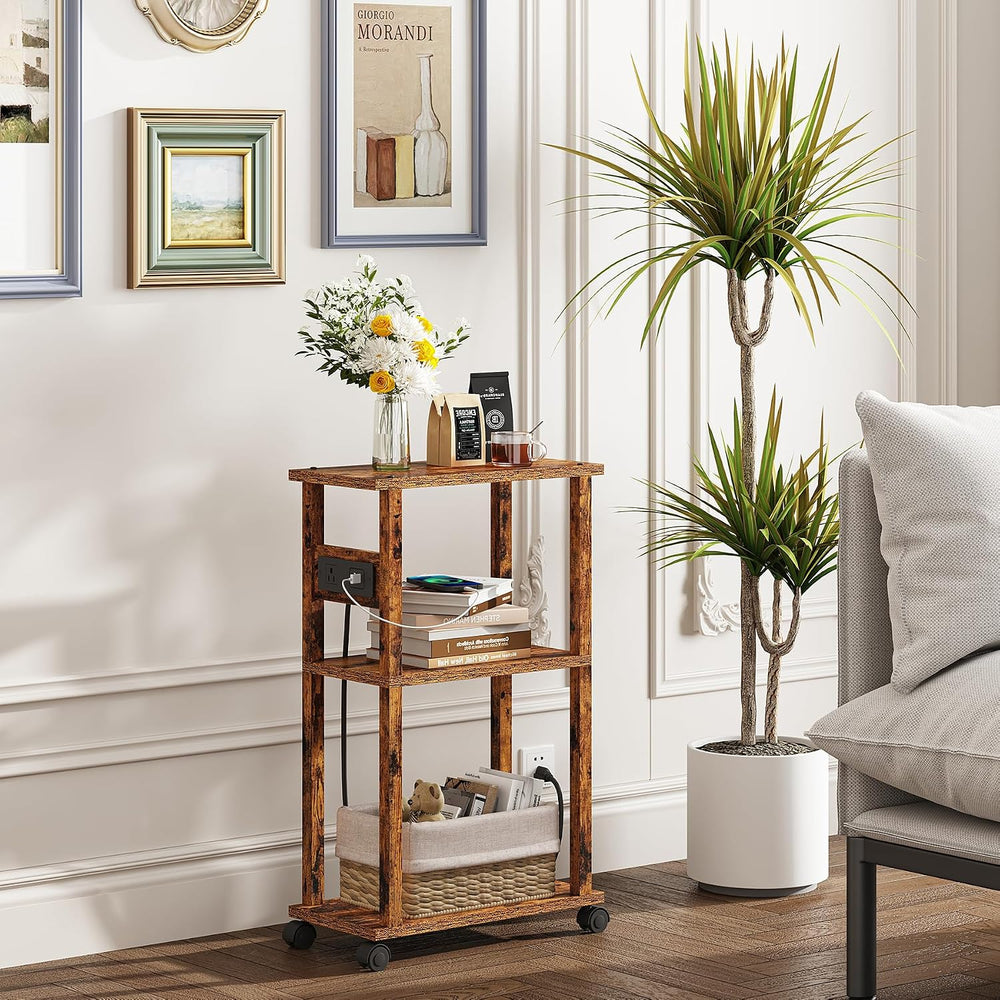 TUTOTAK Small Narrow Side Table with Charging Station, Skinny End Table for S...