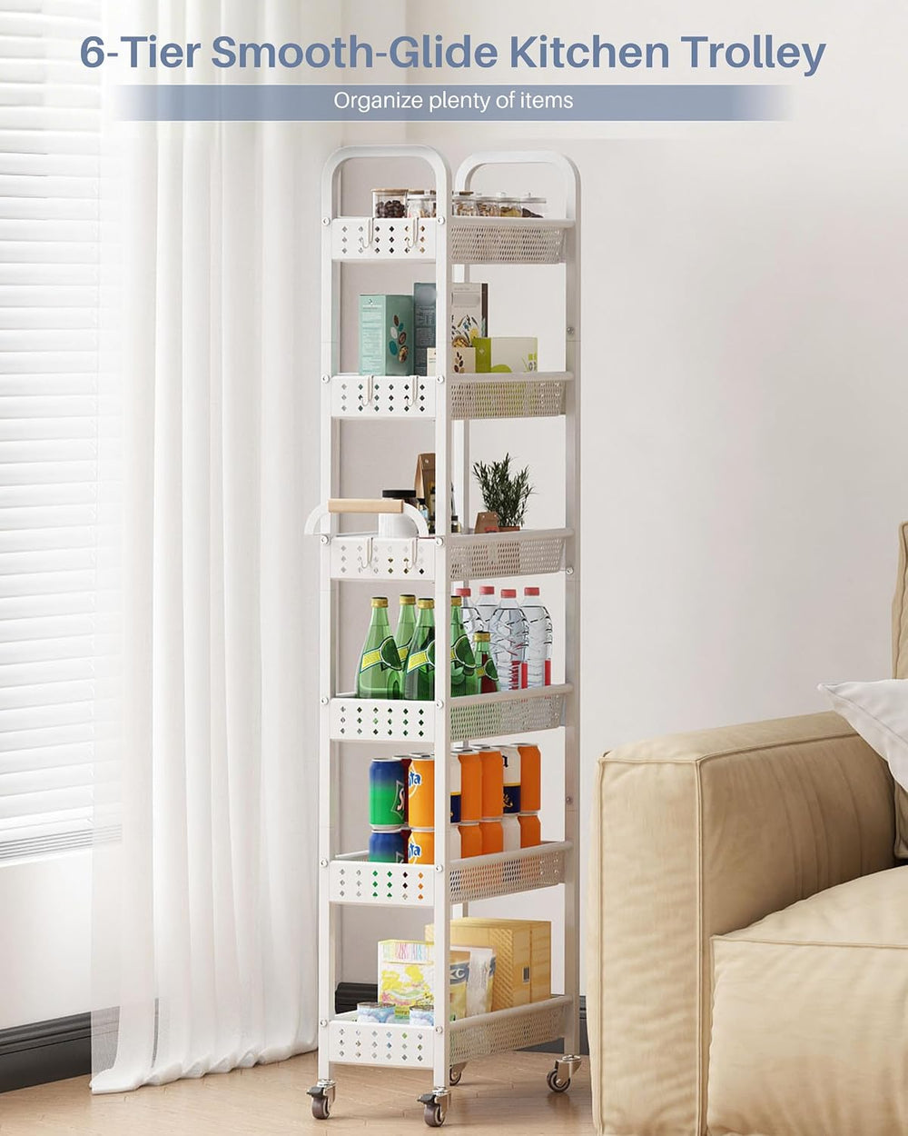 6 Tier Slim Storage Cart, Narrow Rolling Cart with Wheels (White) | Easy-grip...