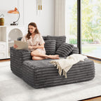 JEEOHEY 56" Oversized Chaise Lounge Chair Indoor,Plush Faux Fur Sleeper Sofa Couch Bed with Pillows&Wide Armrests,Fluffy Comfy Cloud Couch,Compression Foam Couch for Living Room,Bedroom(Grey)