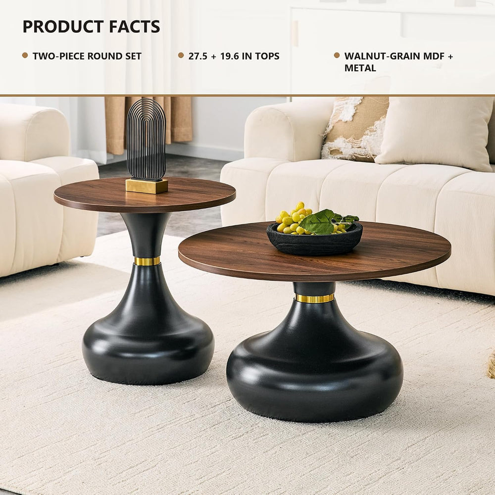 2-Piece Nesting Coffee Table Set, Walnut MDF Tops, Black Metal Bases