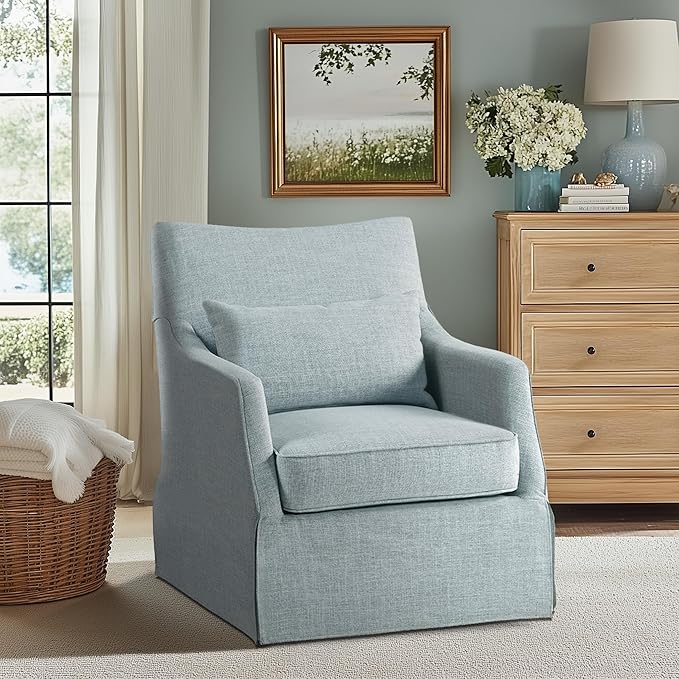 Martha Stewart London Swivel Chair - Solid Wood & Plywood, Skirted Metal Base Accent Armchair, Lumbar Pillow -Modern Classic Family Room Sofa Furniture Bedroom Lounge, 28"X31.5"X35.25", Light Blue