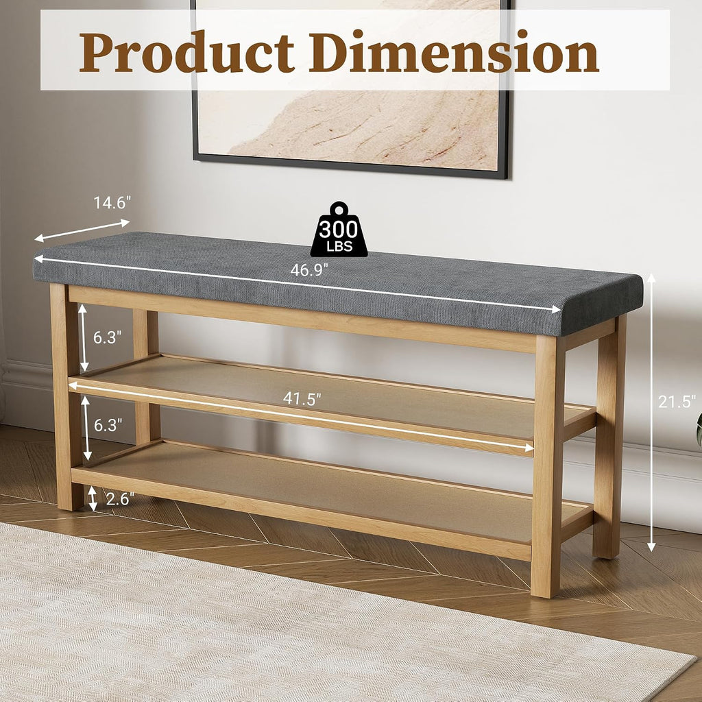 2 Tier Shoe Rack Bench with Cushion, Rubberwood Shoe Benches, Mid-Century Modern Shoe Storage Bench for Entryway, Hallway, Living Room, Closet, Front Door Entrance, Dark Grey
