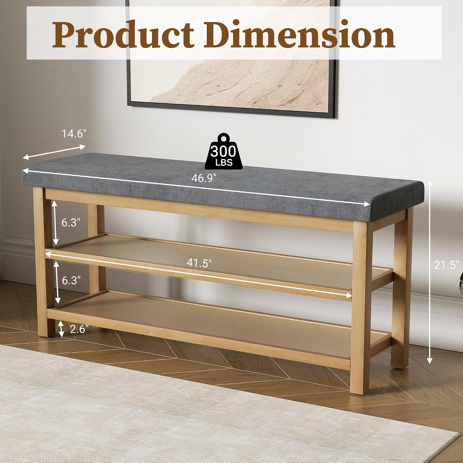 2 Tier Shoe Rack Bench with Cushion, Rubberwood Shoe Benches, Mid-Century Modern Shoe Storage Bench for Entryway, Hallway, Living Room, Closet, Front Door Entrance, Dark Grey