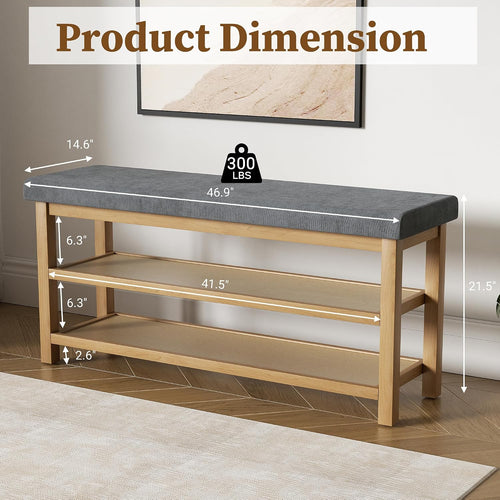 2 Tier Shoe Rack Bench with Cushion, Rubberwood Shoe Benches, Mid-Century Modern Shoe Storage Bench for Entryway, Hallway, Living Room, Closet, Front Door Entrance, Dark Grey