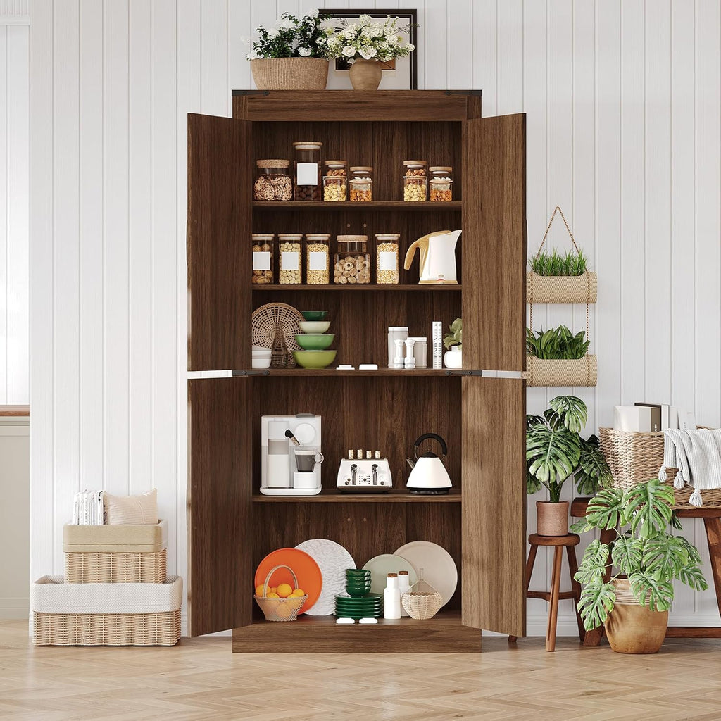 Rustic Brown Kitchen Pantry Cabinet – 71" Tall Freestanding Farmhouse Storage Cabinet with Doors & Adjustable Shelves – Rustic Wood Food Organizer for Kitchen, Living Room, Dining Room & Bathroom