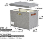 17" Large Collapsible Storage Bins with Lids, Stackable Closet Organizers with PU Handle and Labels, 3-Pack Decorative Fabric Storage Boxes for Home, Bedroom, Closet, Office, Nursery(Gray)