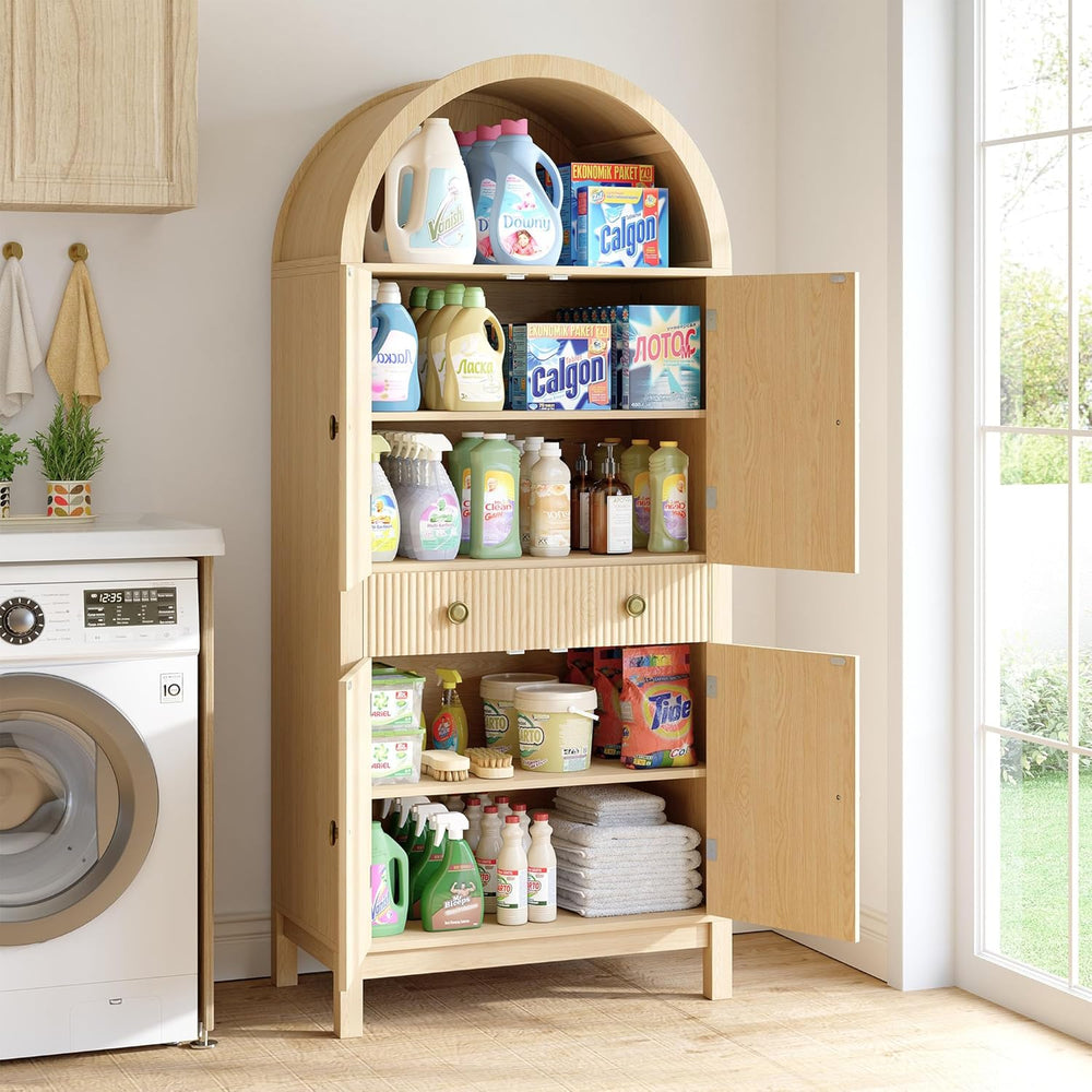 Apicizon 70" Tall Arched Kitchen Pantry Cabinet, 6-Tier Modern Fluted Wo...