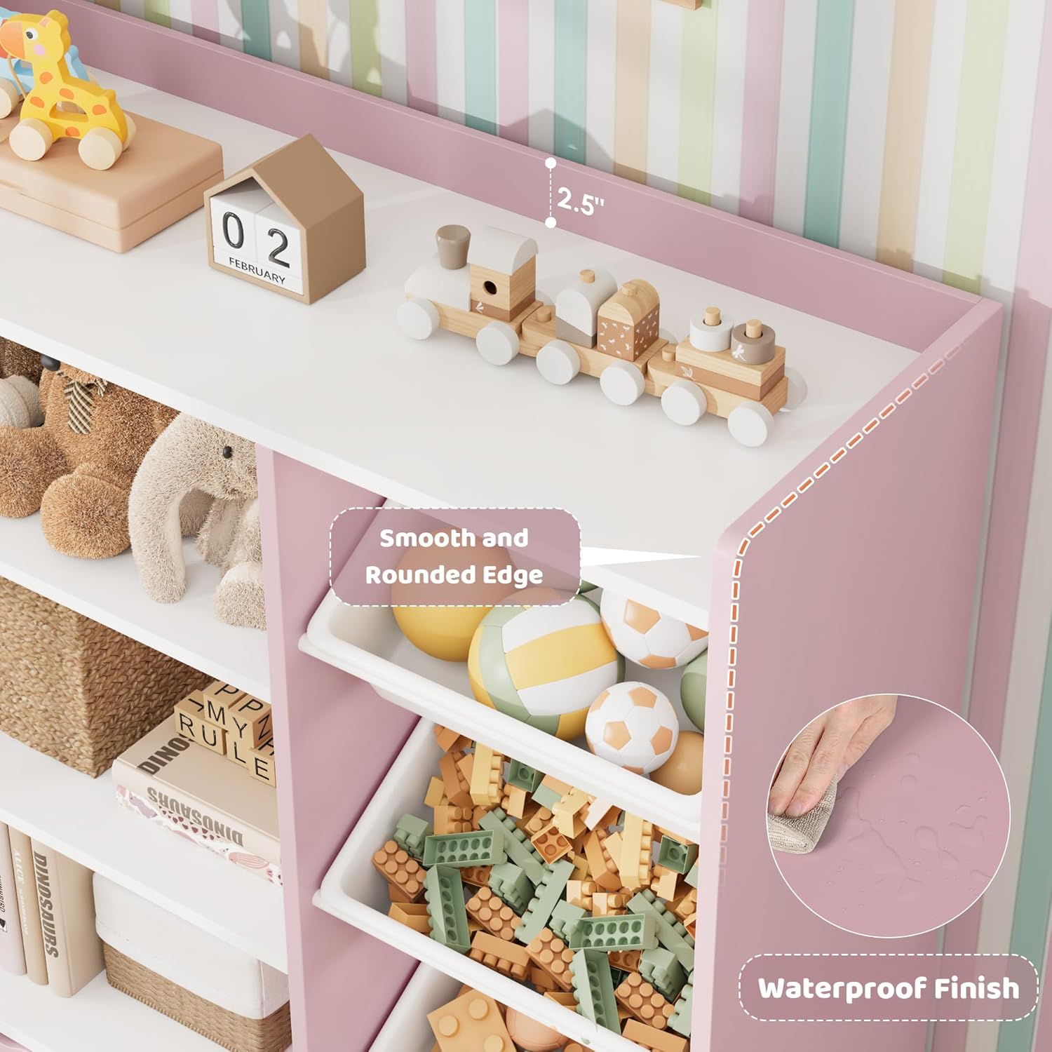 HITHOS 55" W Kids Toy Storage Organizer, Large Toy Box with Bookshelf, Toy Chest with 3 Cubes Storage Organizer, 6 Toy Organizers and Storage Bins, 4 Rolling Drawers for Kids Room, Playroom, Pink