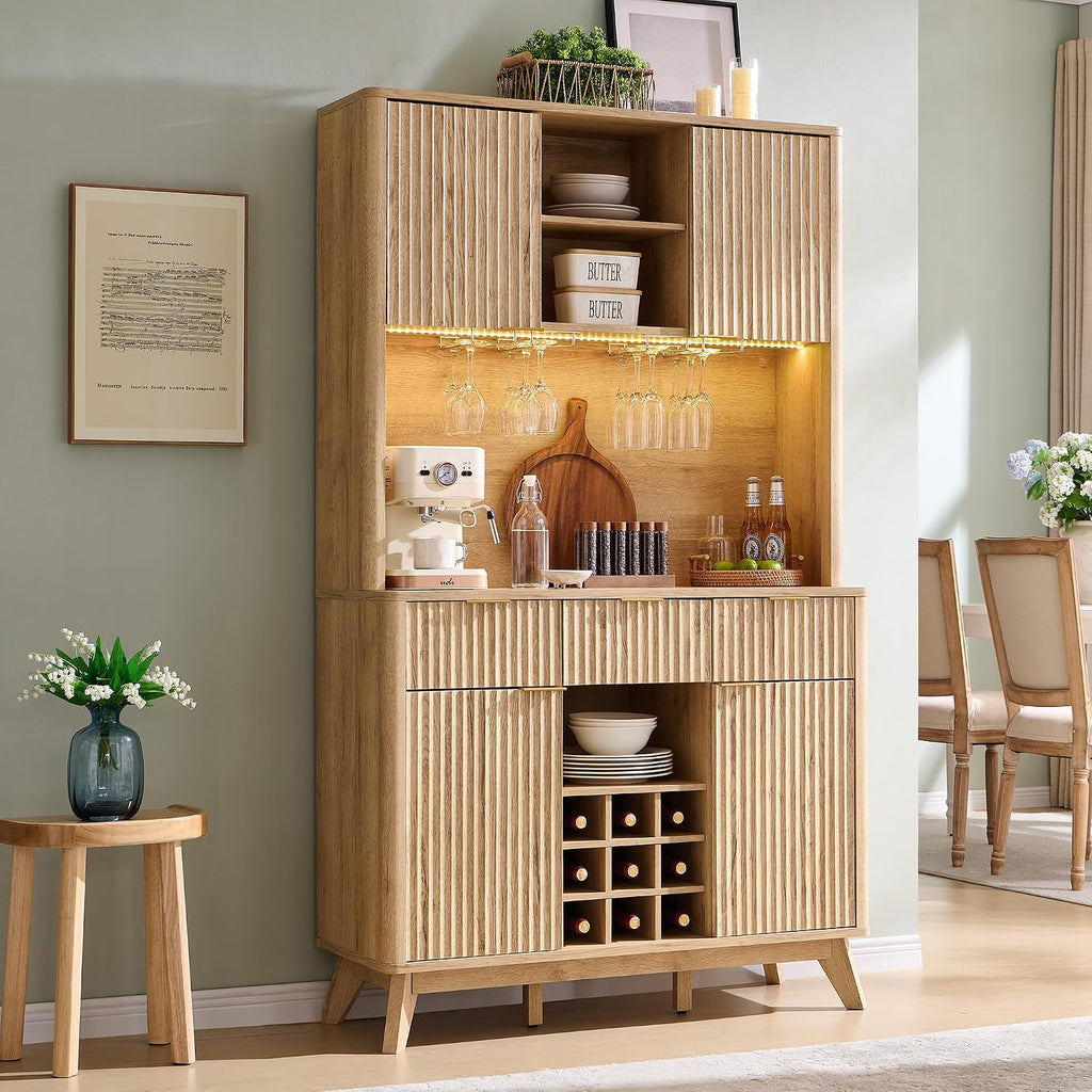 OKD 72" Tall Coffee Bar Cabinet, Fluted Wooden Wine Cabinet, Natural Oak | Power Outlets, Led Lights, 4 Stemware Racks, 9 Wine Racks, 3 Drawers, 4 Cabinets, 2 Open Shelf, Home Bar Storage