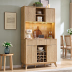 OKD 72" Tall Coffee Bar Cabinet, Fluted Wooden Wine Cabinet, Natural Oak | Power Outlets, Led Lights, 4 Stemware Racks, 9 Wine Racks, 3 Drawers, 4 Cabinets, 2 Open Shelf, Home Bar Storage