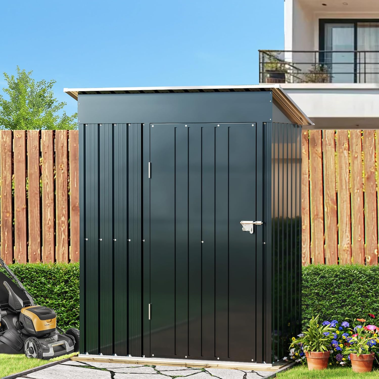 Breezz 5x3FT Vertical Outdoor Steel Storage Shed, Lockable Doors, Compact Metal Tool Shed for Garden, Backyard, Patio, Utility, and Bike Storage