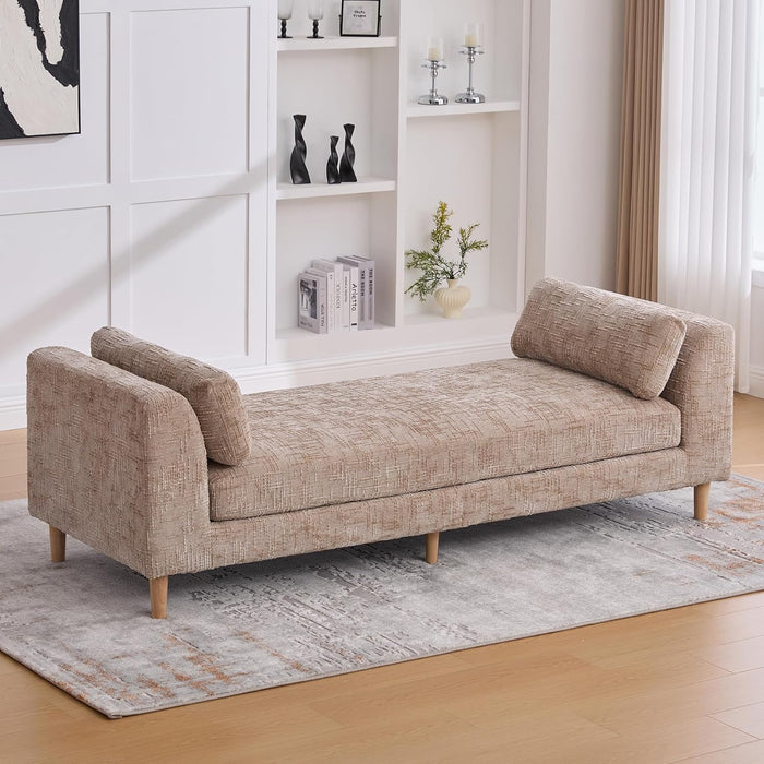 83.1" Oversized Chaise Lounge, Chenille Upholstered End of Bed Bench with Arms, Sleeper Sofa Daybed with 2 Pillows for Bedroom, Living Room, Window Seat, Wheat.