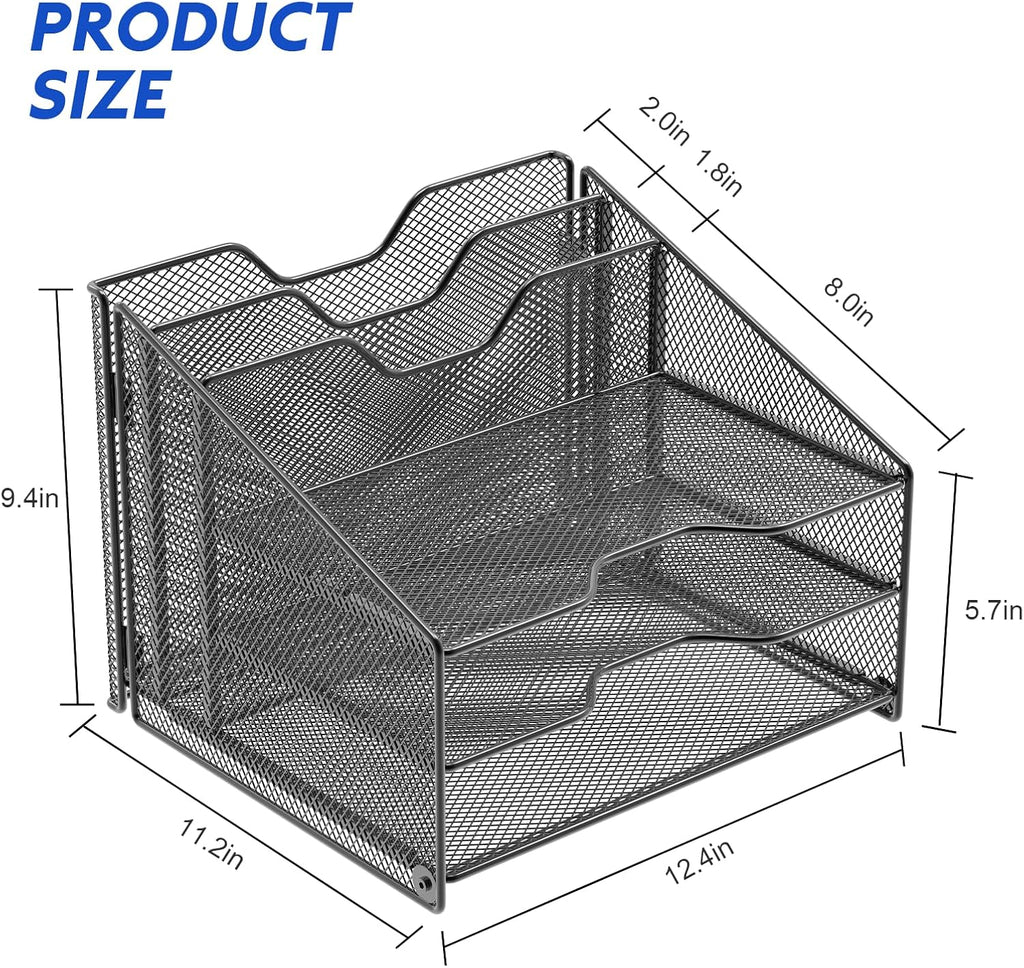 Samstar Desk File Organizer, Mesh Letter File Folder Holder with 3 Paper Trays and 2 Vertical Upright Section, for Office Supplies,Desk Accessories & Workspace,Black.