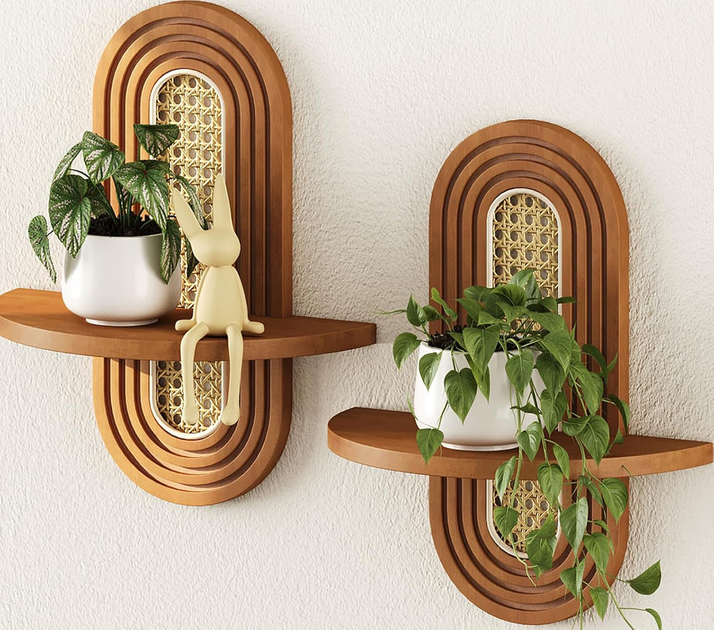 Floating Shelves for Wall, Boho Home Wall Decor,Rattan Plant Shelf Set of 2, ...